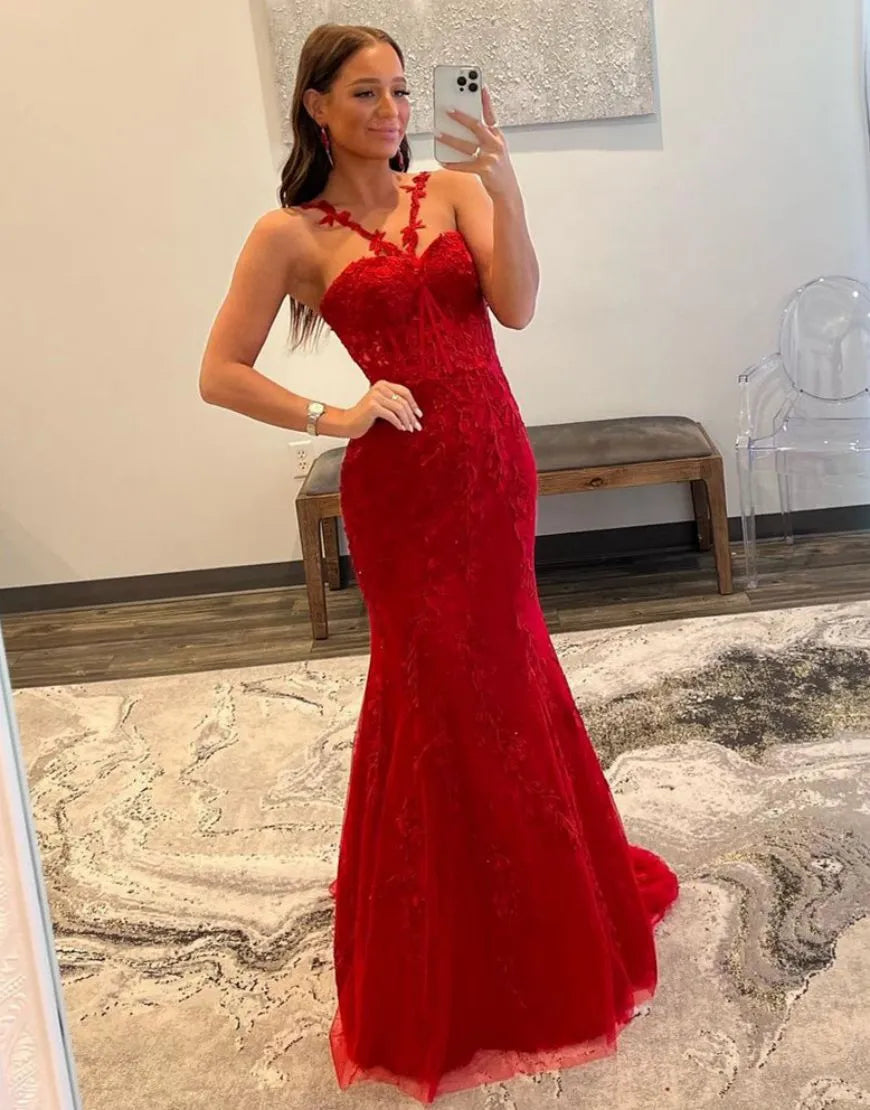 Wholesale Red Mermaid Spaghetti Straps Long Lace Prom Dress long prom dresses with sleeves